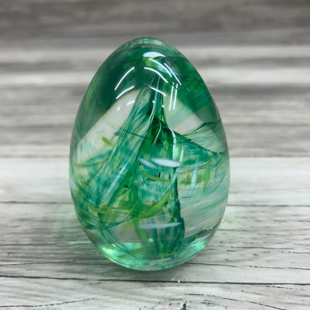 Multicolored Swirl Art Glass Egg Shaped Paperweight WV Wheaton Village Green‎